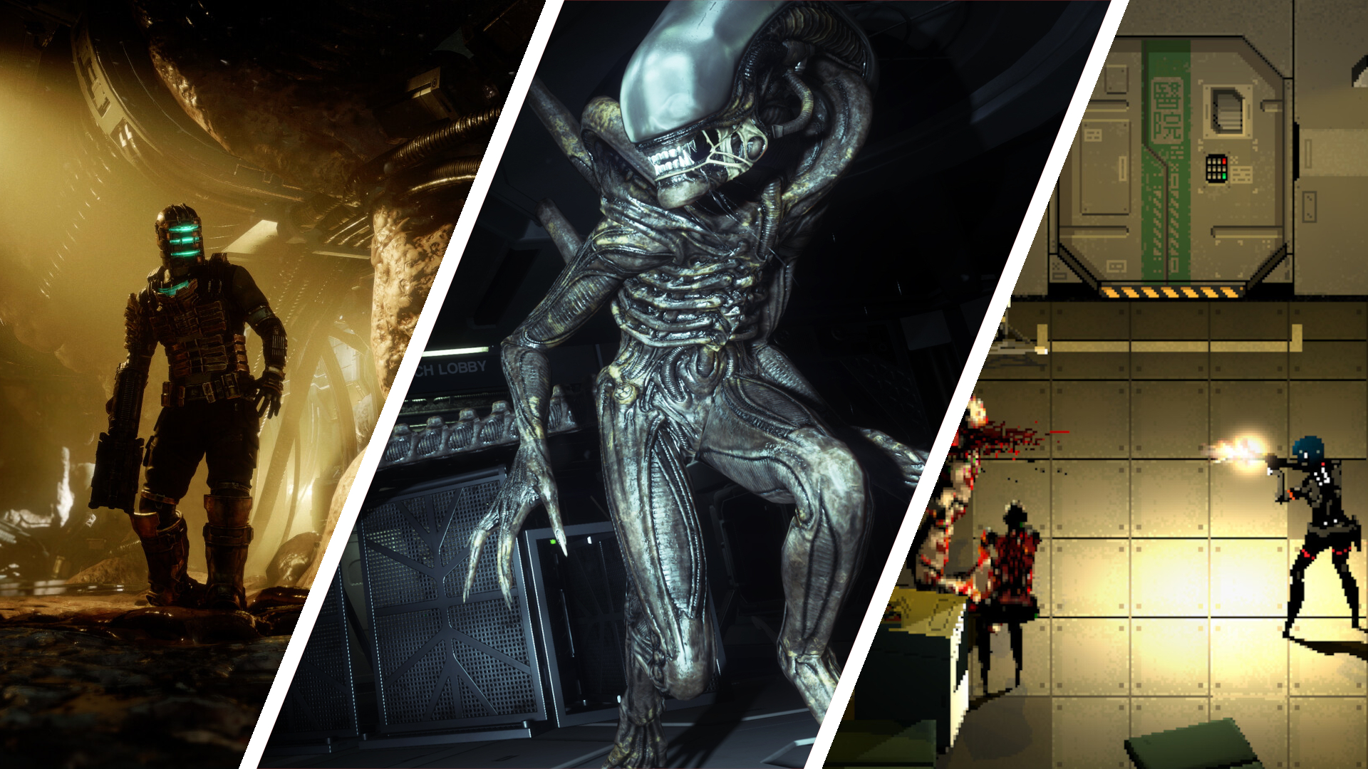 Split image showing three of the best space horror games: Dead Space (Remake), Alien: Isolation, and Signalis