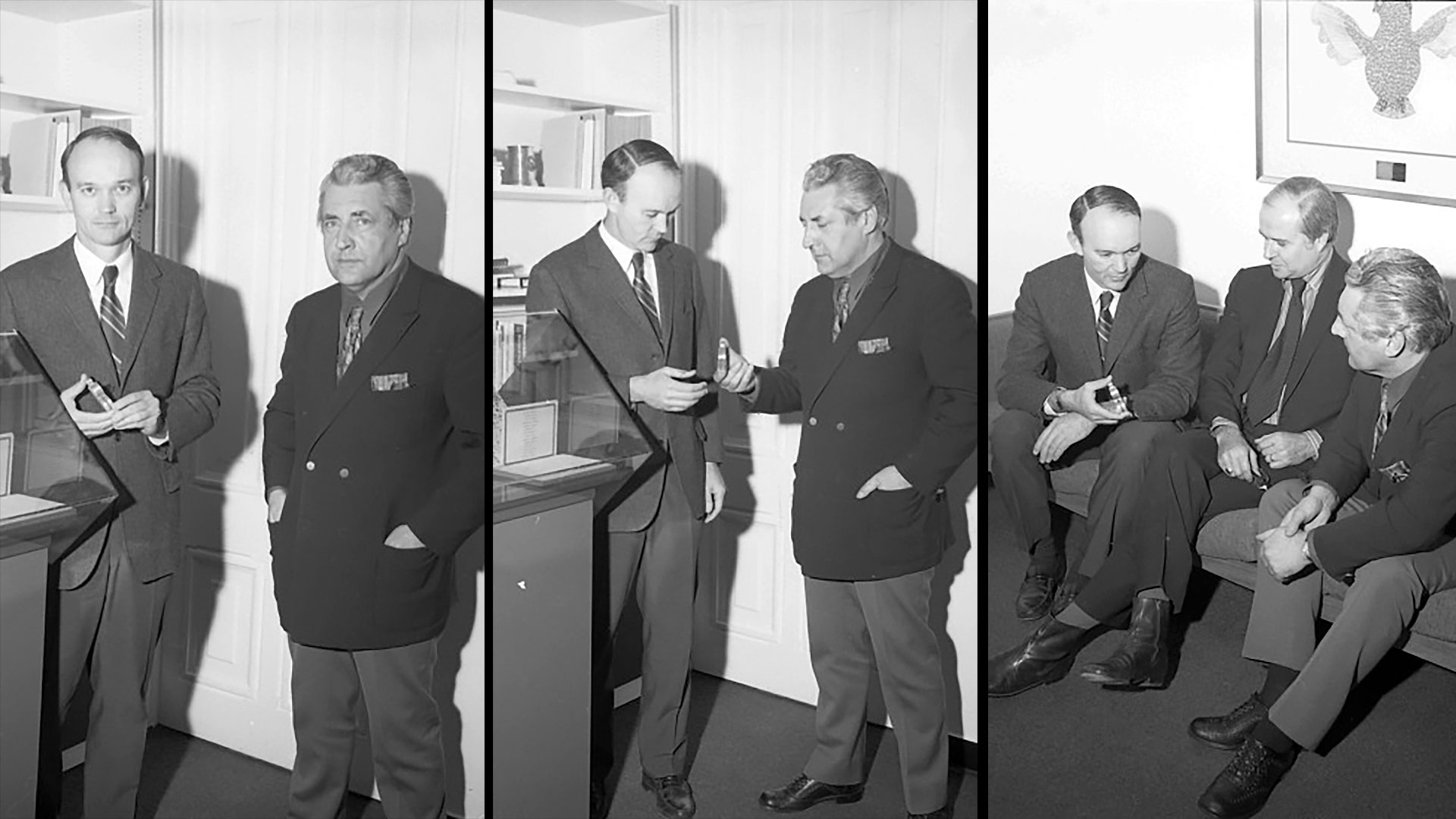 three panel view of one man passing off an item for donation to another man