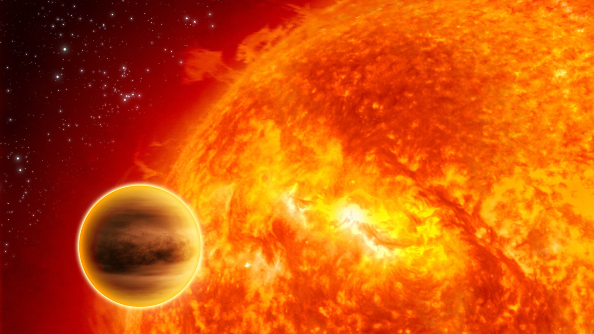 An illustration of a brownish striped planet floating near a bright sun-like star