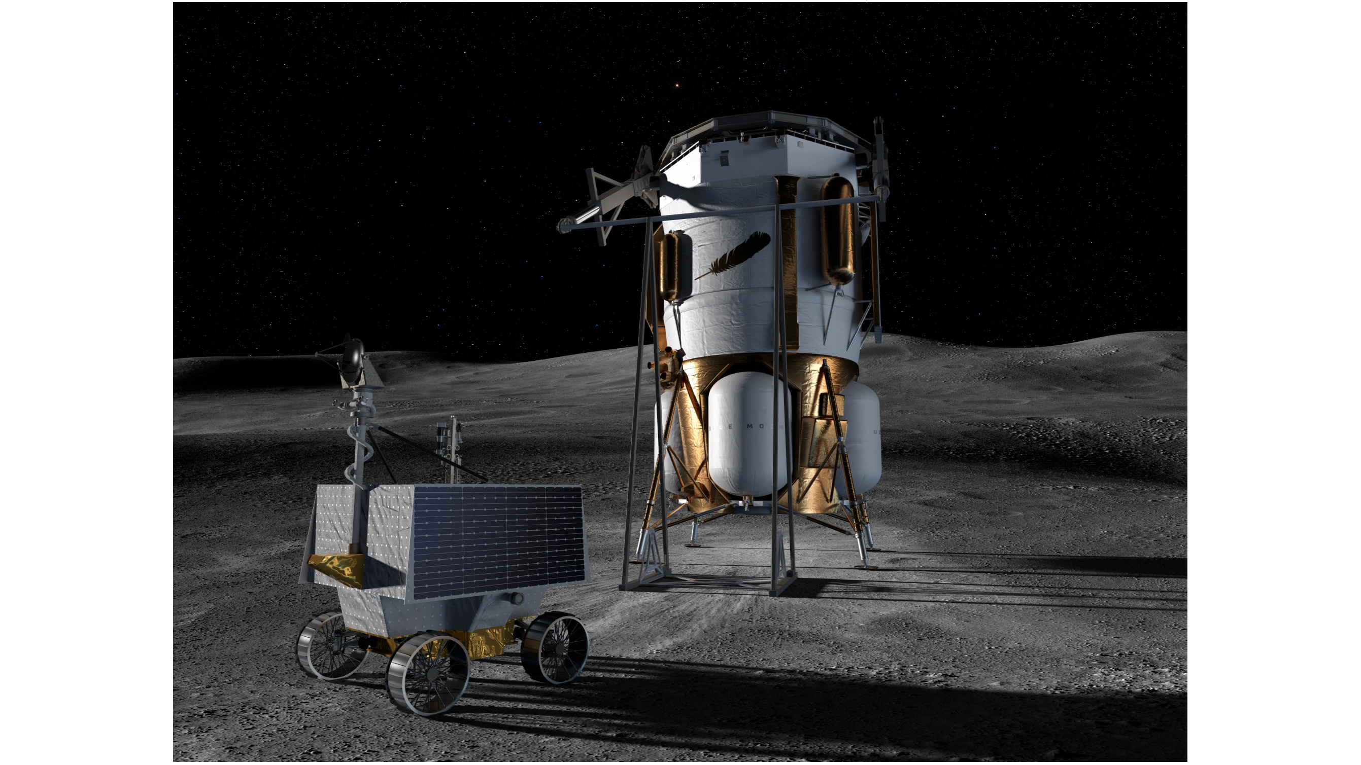 This artist’s concept shows Blue Origin’s Blue Moon Mark 1 lander and NASA’s VIPER (Volatiles Investigating Polar Exploration Rover) on the lunar surface.